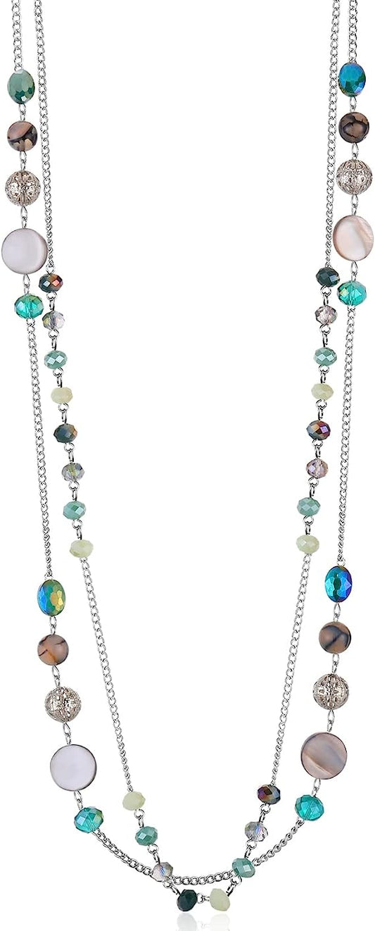 Layered Long Necklaces for Women Crystal Beaded Statement Necklace Sweater Silver Chain with Gifts Box Jewelry